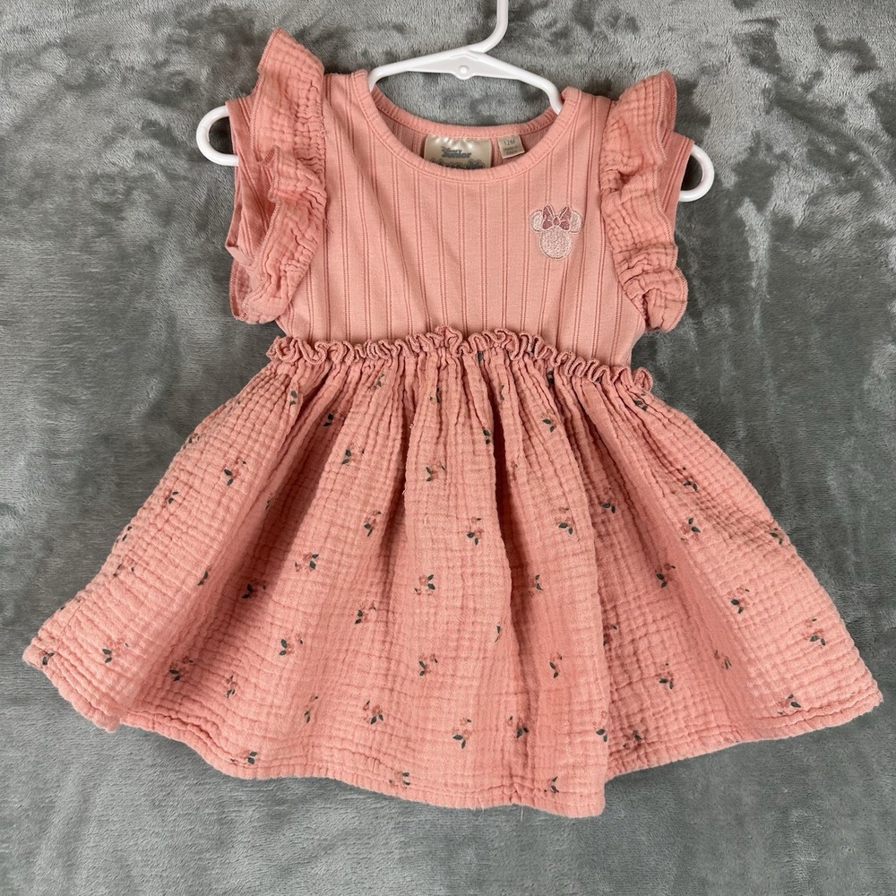 Disney Minnie Dress Girls 12 Mo Coral Pink w/ Floral Print Ruffle Sleeves
